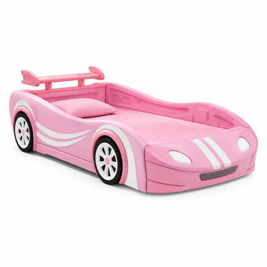 Letto per bambini a forma di auto 200 x 100 cm in MDF e PP rosa bianco nero con ruote decorative