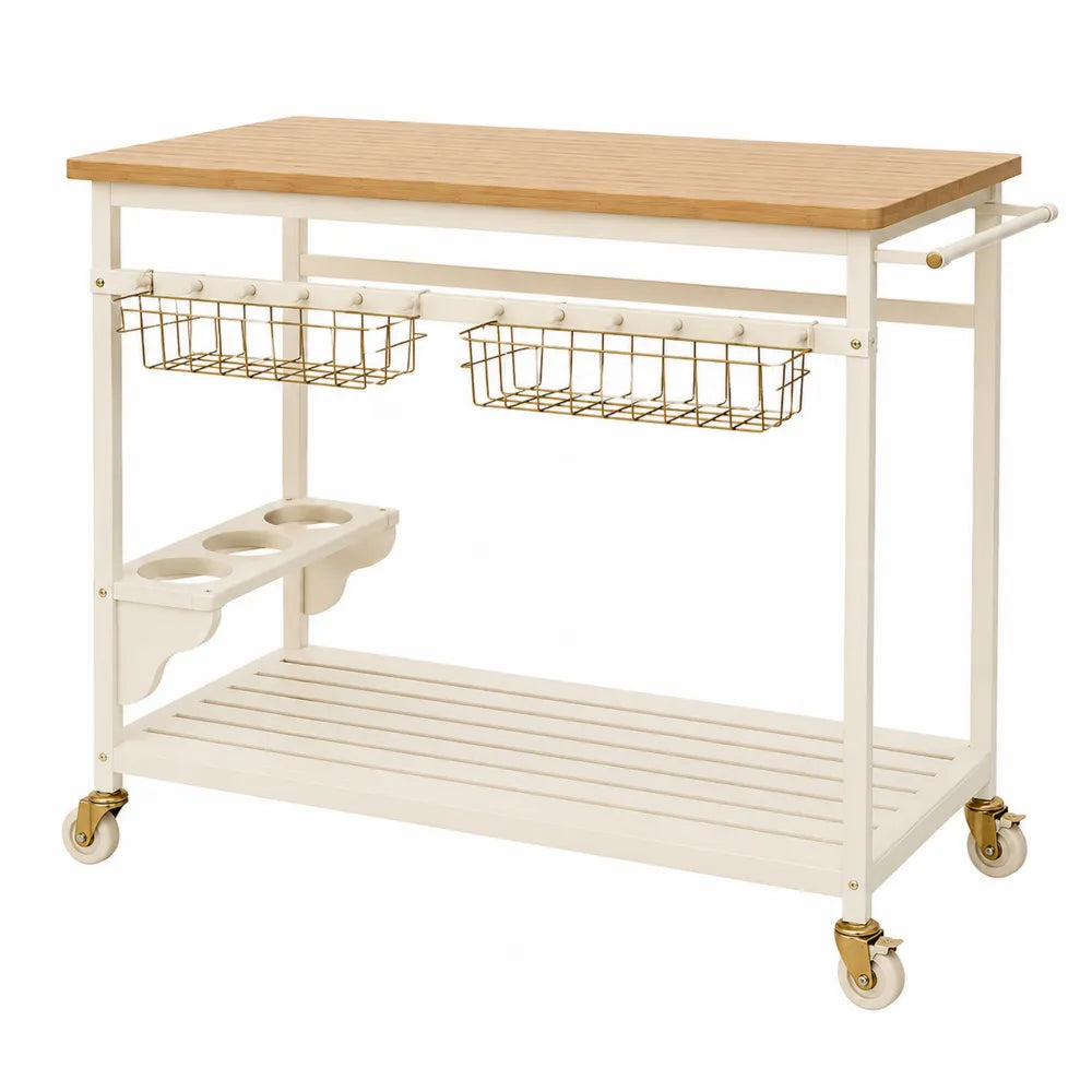 Carrello da cucina rettangolare 80 x 40 x 85 cm con piano in bambù struttura in acciaio ruote cestelli bianco naturale e oro