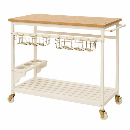 Carrello da cucina rettangolare 80 x 40 x 85 cm con piano in bambù struttura in acciaio ruote cestelli bianco naturale e oro